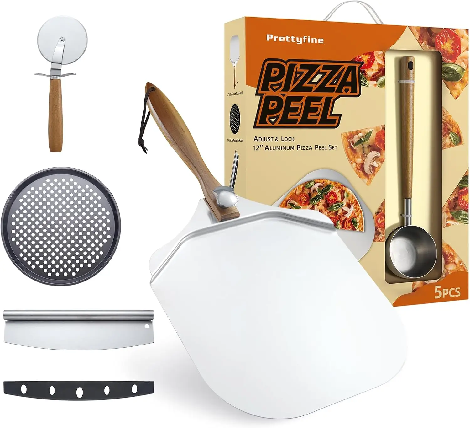 

5 PCS Aluminum Pizza Peel Set, Metal Spatula with Foldable Wood Handle, Sauce Spoon & Pizza Rocker Cutter, Perfect for Baking, D