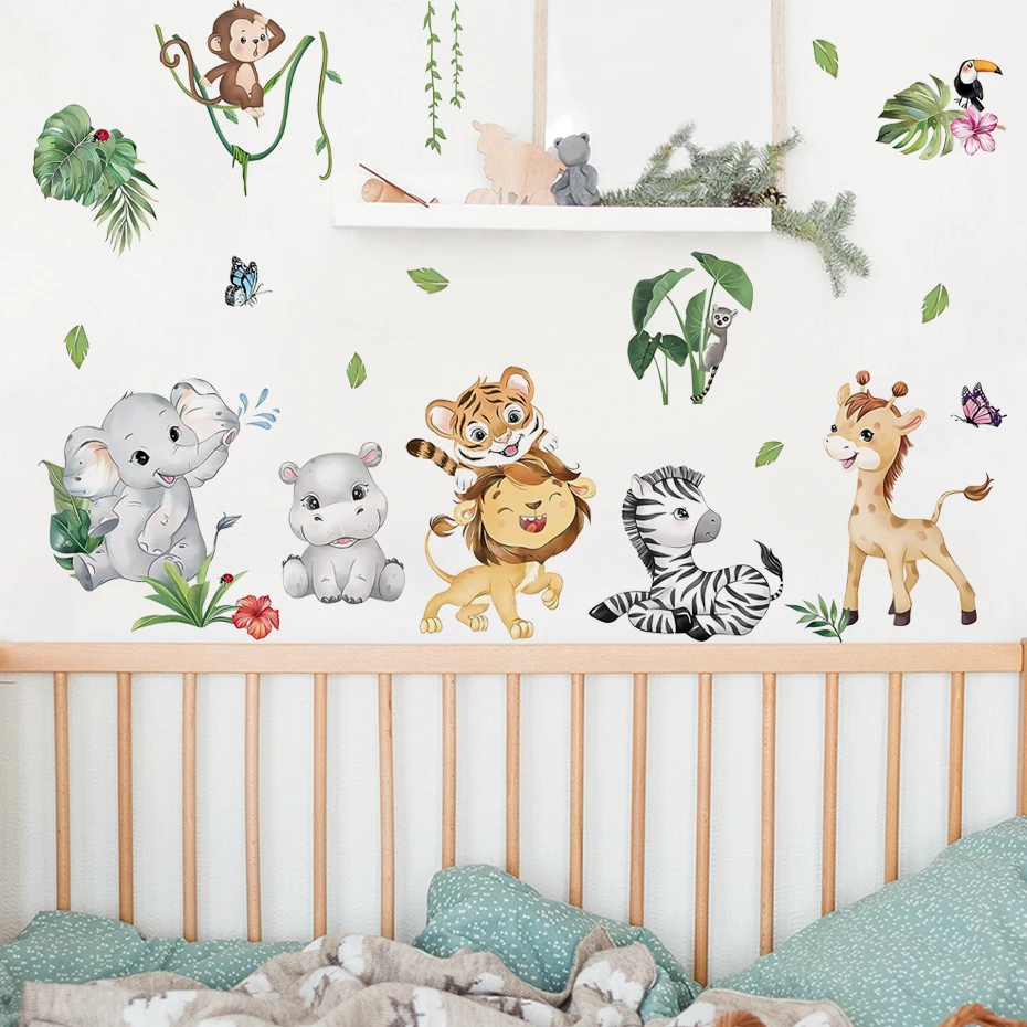 

Tropical Rainforest Animals Wall Stickers for Nursery Baby Room Kids Room Decoration Kindergarten Playroom Watercolor Wall Decal