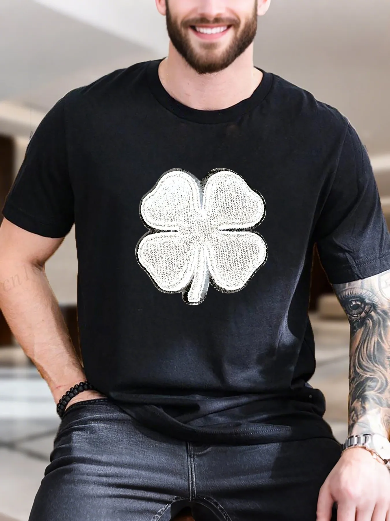 

Men's Printed Short Sleeve T-Shirt - Lucky Four Leaf Clover Design, 100% Cotton Breathable Tee for Casual Wear, Soft & Comfortable