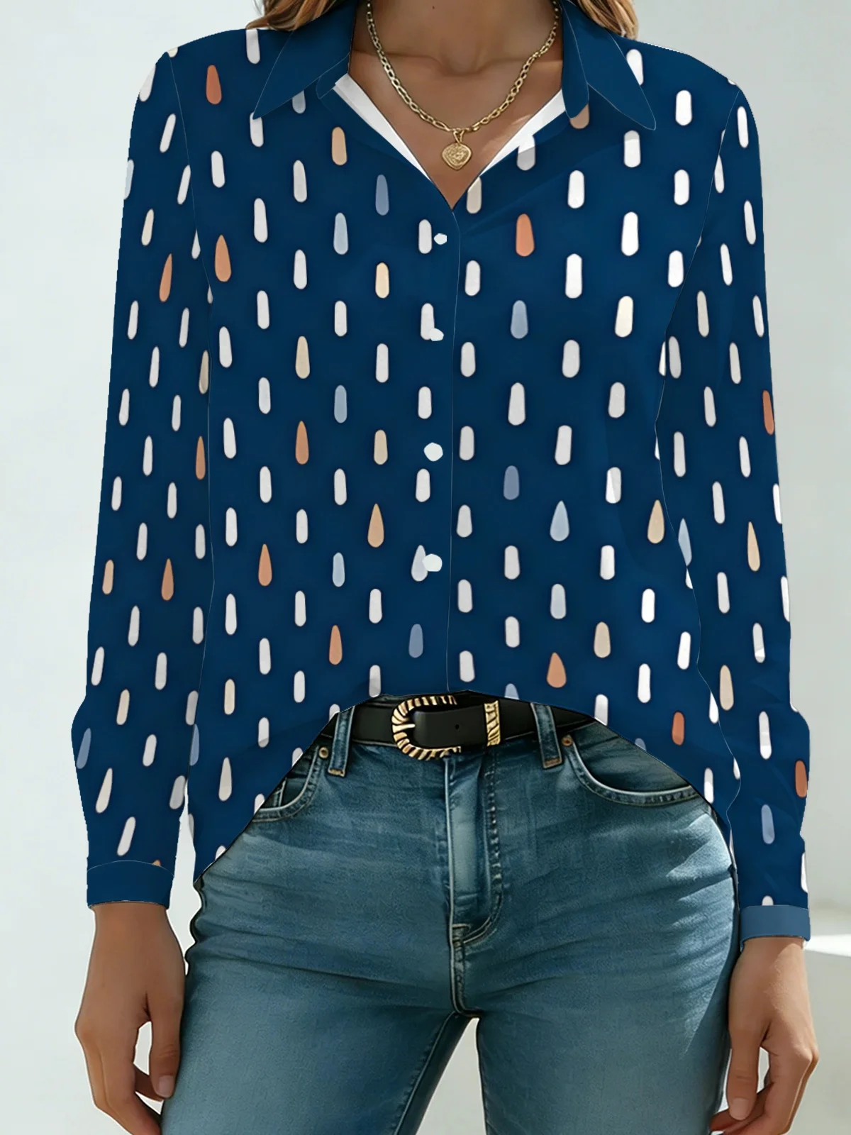 Soft Minimal Water Drop Womens Collared Shirt Deep Solid Navy Base All Over Mixed Tone Rain Dots Long Sleeve Dating Street Blous