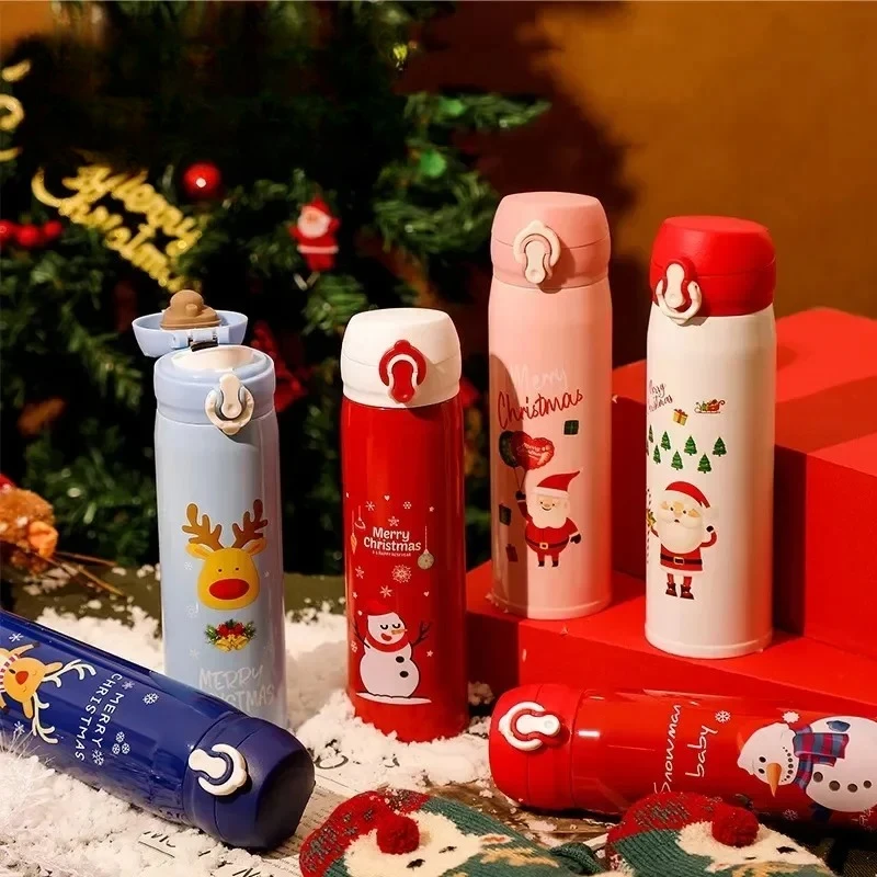1-5PCS Christmas Insulated Bottle Stainless Steel Double Wall Elk Santa Pattern Reusable Thermal Flask for Coffee Tea Gift