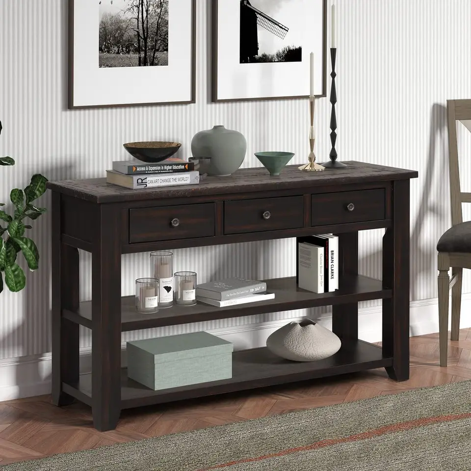 Farmhouse Long Console Table with Storage Drawers