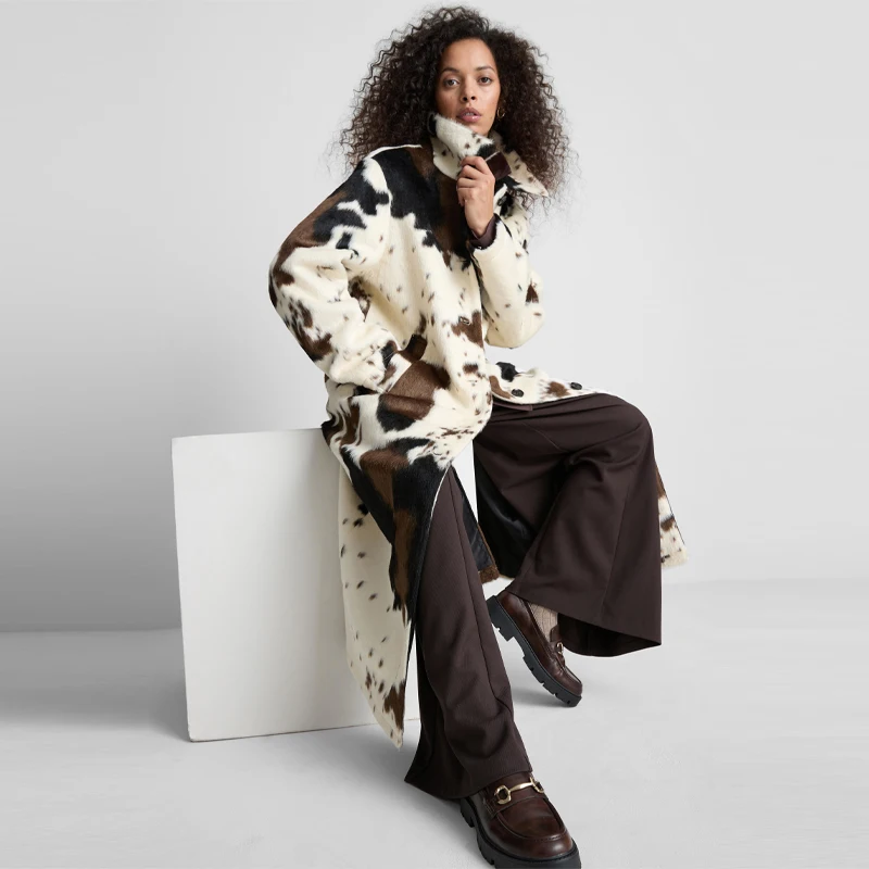 

Women's Collar Cow Long Coat Personality Fashion Overcoat Date Commuter Female Clothing Autumn Winter Women's New Casual Clothes