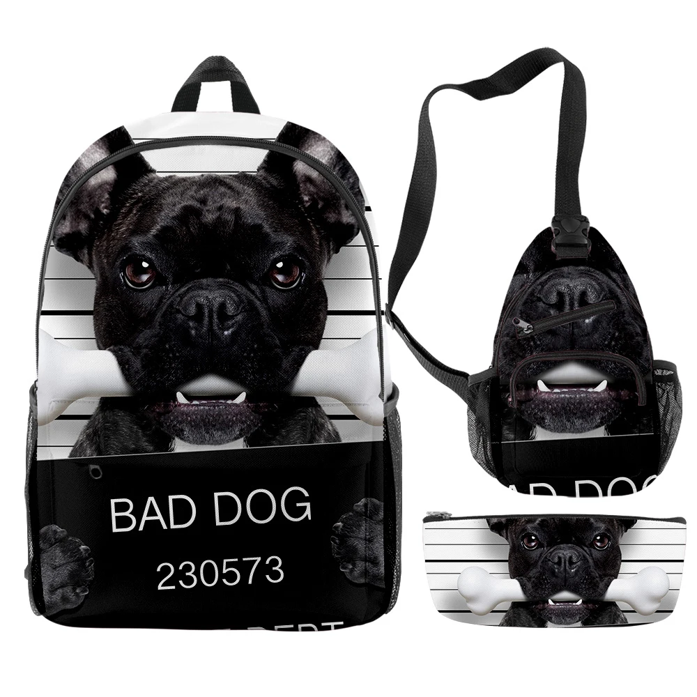 Harajuku ความแปลกใหม่ Cool French Bulldog 3 ชิ้น/เซ็ตกระเป๋าเป้สะพายหลัง 3D พิมพ์กระเป๋าถือแล็ปท็อป Daypack กระเป๋าเป้สะพายหลังกระเป๋าดินสอกรณี