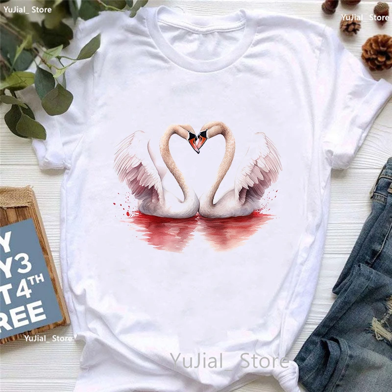 Cute Swans Love Prined T Shirt Women'S Clothing Summer Short Sleeve T-Shirt Femme Harajuku Shirt Kawaii T-Shirt Girls