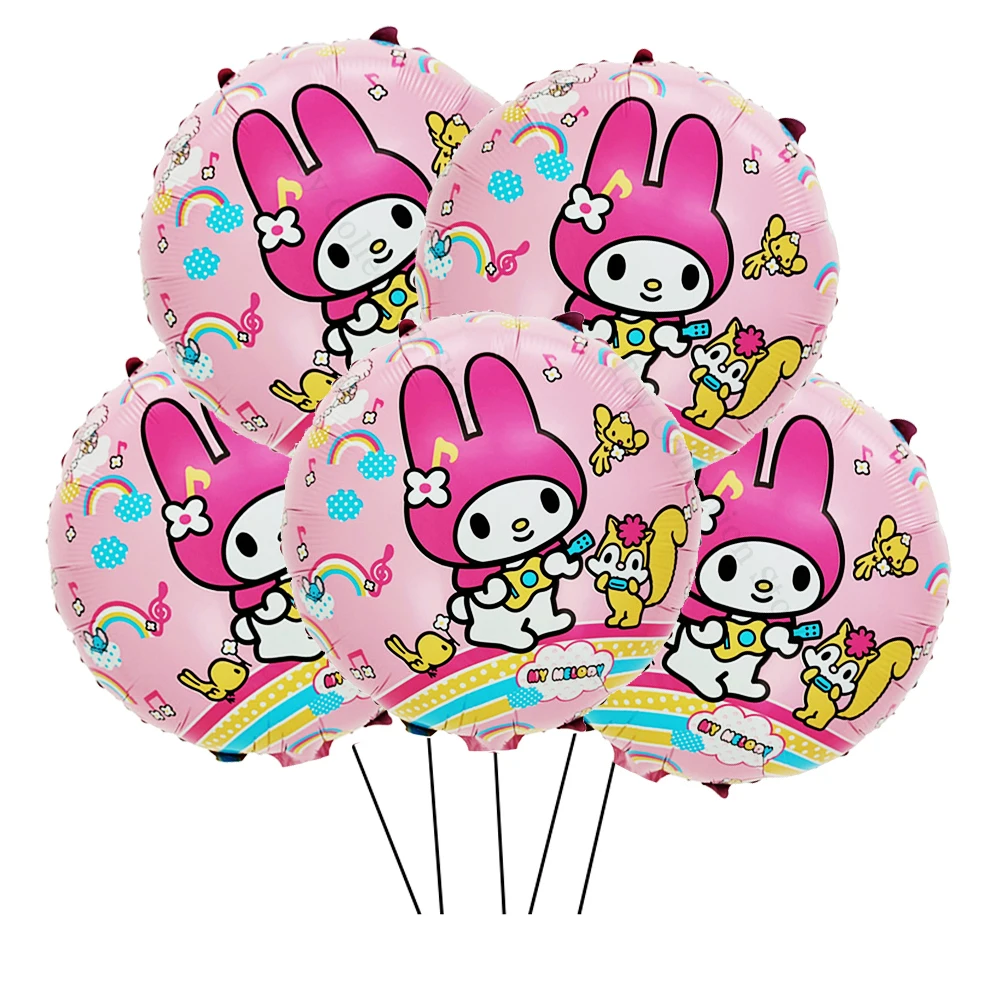 Sanrio Kuromi Melody Cinnamoroll Pompom Purin Round 5Pcs Foil Ballon Party Decor Supplies Folia aluminiowa Nadmuchiwane prezenty Globos