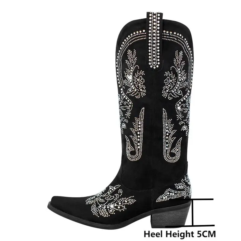 Onlymaker Women Pointed Toe Rhinestone Western Cowboy Boots Black  Female Wide Mid Calf Boots