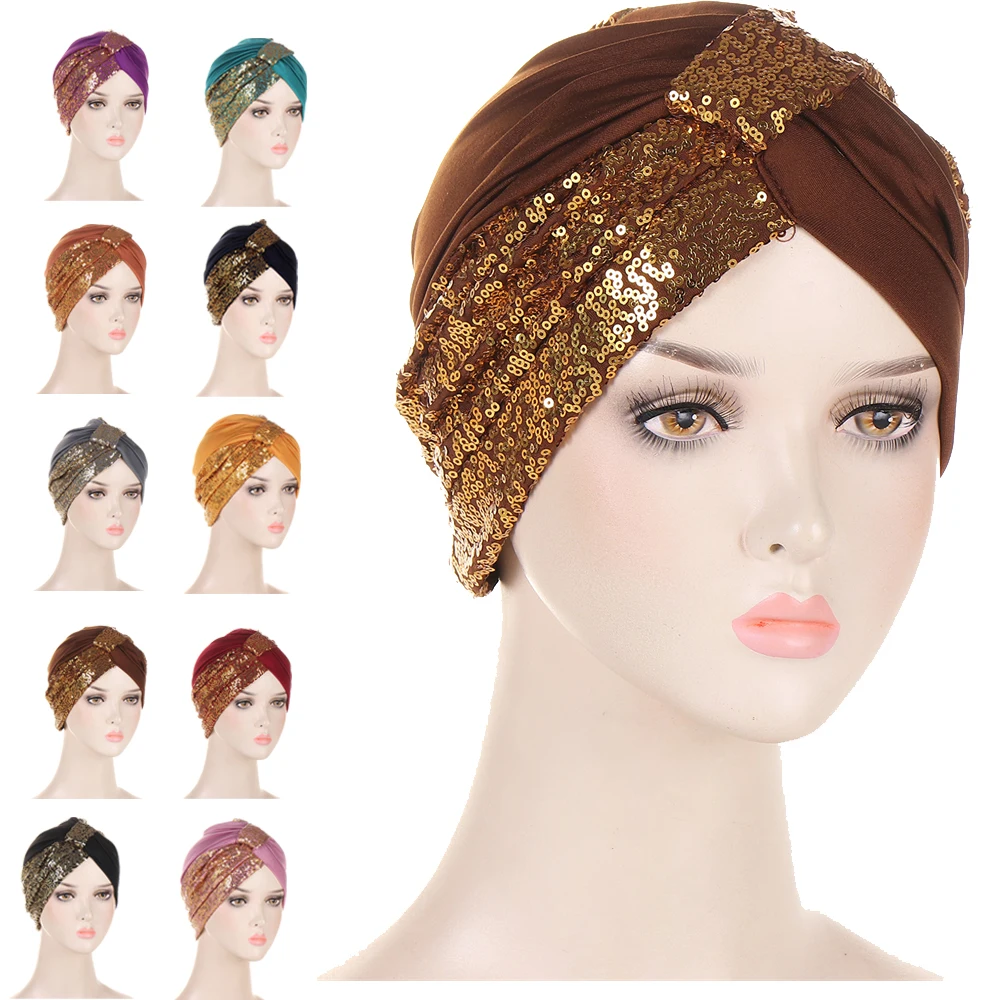 

Muslim Turban Hijib Caps Knotted Bonnet Sequins Solid Color Women Baotou Cap Indian Turban Cap Elastic Inner Hijib Accesories