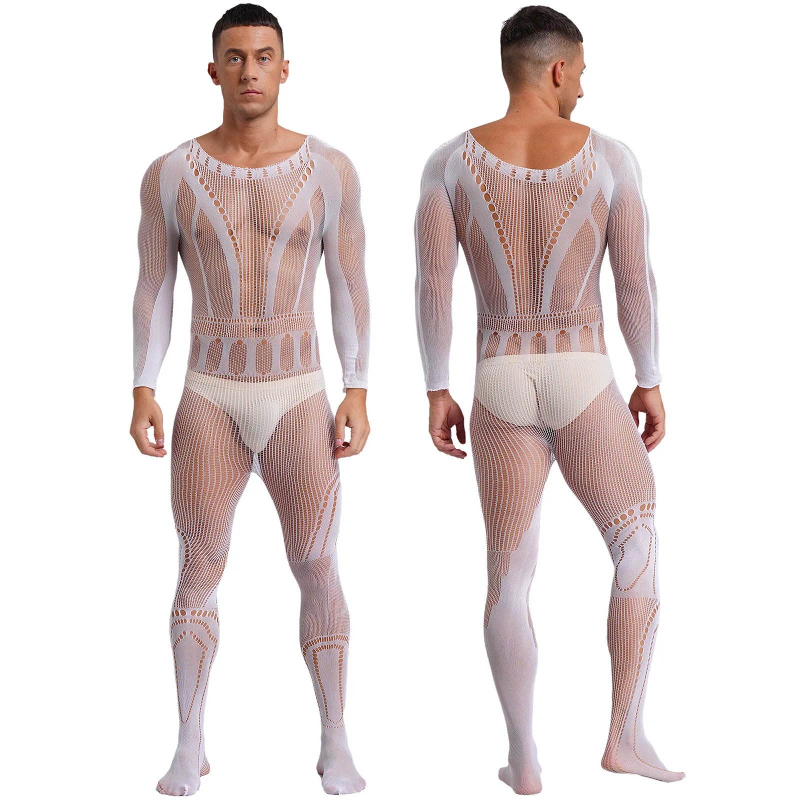 

Gay Men Porno Sexy Lingerie Underwear Exotic Bodysuit Mesh Net Body Stockings Ultrathin Long Sleeve Netting jumpsuit pantyhose