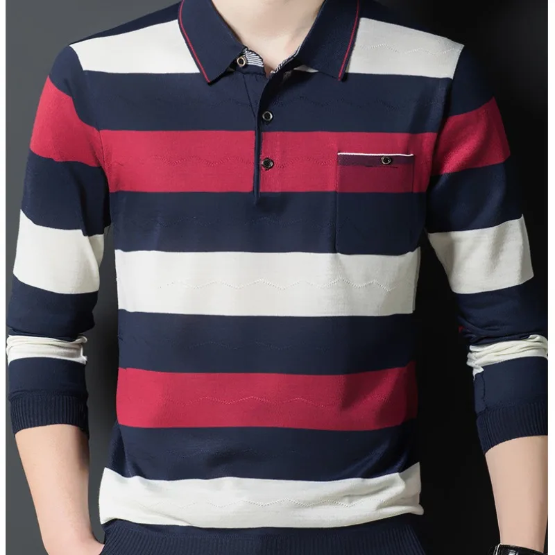 Polo masculino de manga comprida com gola virada para baixo, camiseta listrada solta, moda casual, tops de bolsos, roupas de outono e inverno, nova