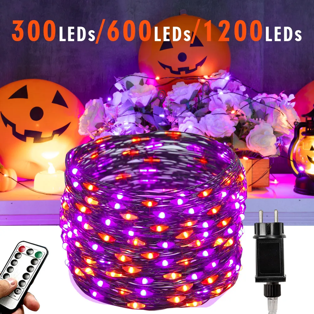 

300 LEDs Halloween String Lights,Purple & Orange Halloween Lights Decorations， Plug In Operated for Home Outdoor Halloween