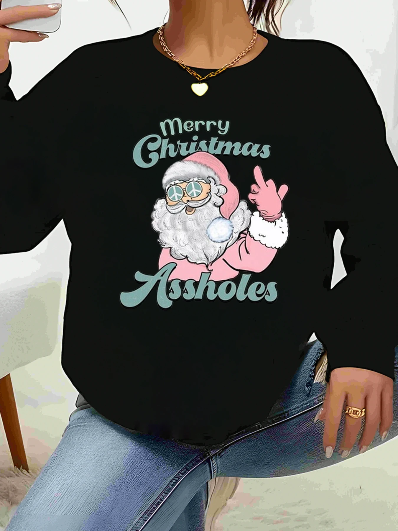 

Свитер с длинными рукавами и принтом знака мира Санта-Клауса, праздничная повседневная одежда для женщин