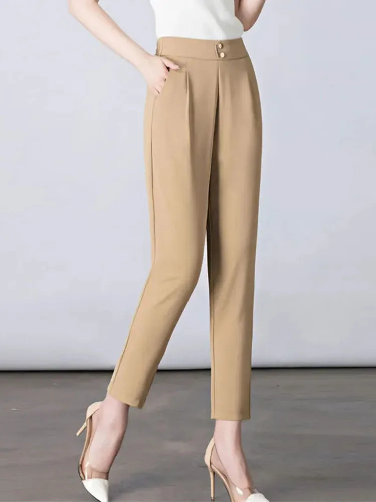 Oversize 75kg wysokie spodnie haremowe damskie lodowy jedwab spodnie koreańskie klasyki Khaki Slim Summer Office formalne pantalony