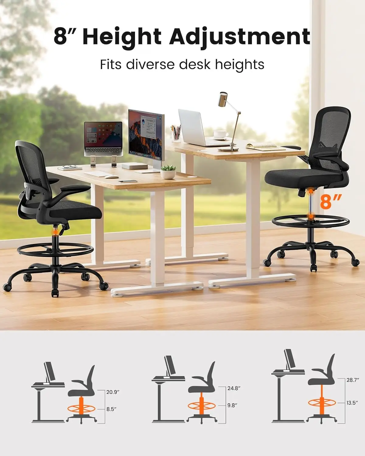 

Office Chair with Flip-Up Armrests, High Desk Chair Adjustable Height, Ergonomic Tall Office Chair with Lumbar Support