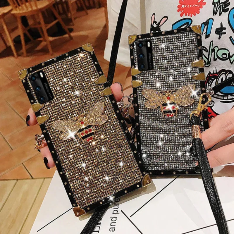 Glitter Diamond Bee Lanyard Phone Case For iPhone 15 14 13 12 11 Pro Max Samsung S24 S23 S22 S21 S20 Plus Ultra Fe Note 20 Cover