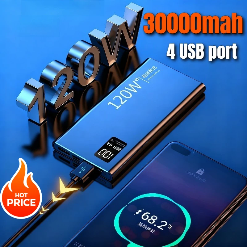 120W Fast Charging 3C Certification Power Bank 30000mAh High Capacity Portable Spare Battery Charger for IPhone Samsung Huawei