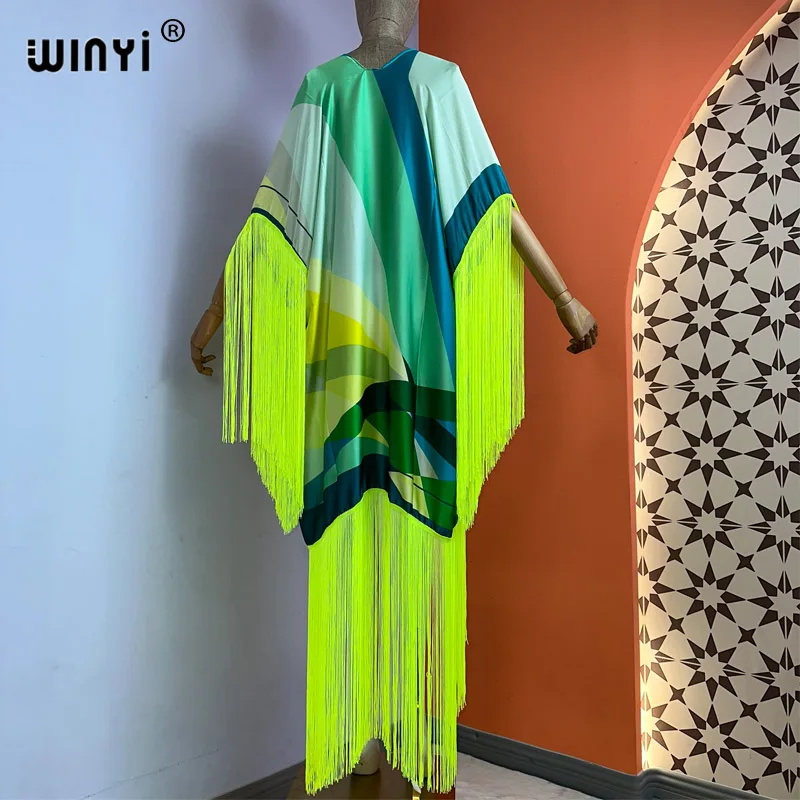 WINYI kimono cover-up nieuwe zomer boho print Bikini Cover-up Elegante mode Vest sexy Vakantie lange Mouw kwastjes maxi jurk