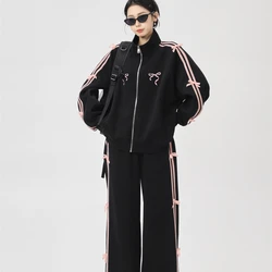 Korean style early spring new sweet girly bow suit women's casual fashion loose thin coat wide-leg straight pants two-piece set