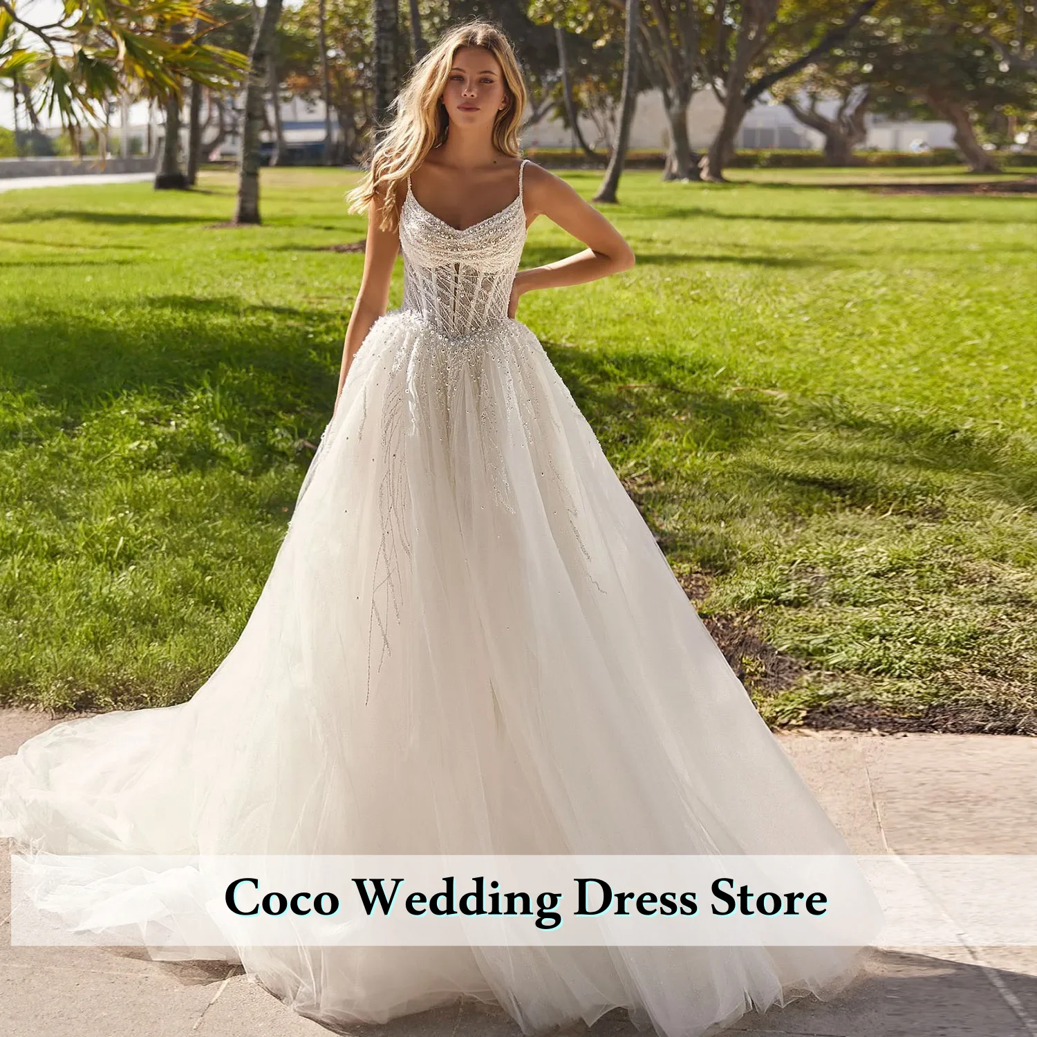 Customized Elegant Pearls Lace Thin Shoulder Straps Sweetheart Neck Zipper Tulle A-Line Bridal Wedding Dress Vestido De Novia