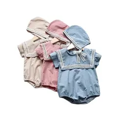 2PCS Summer Sailor Collar Kids Baby Girls Boys Bodysuit Thin Breathable Lace Infant Clothing With Hat Clothing