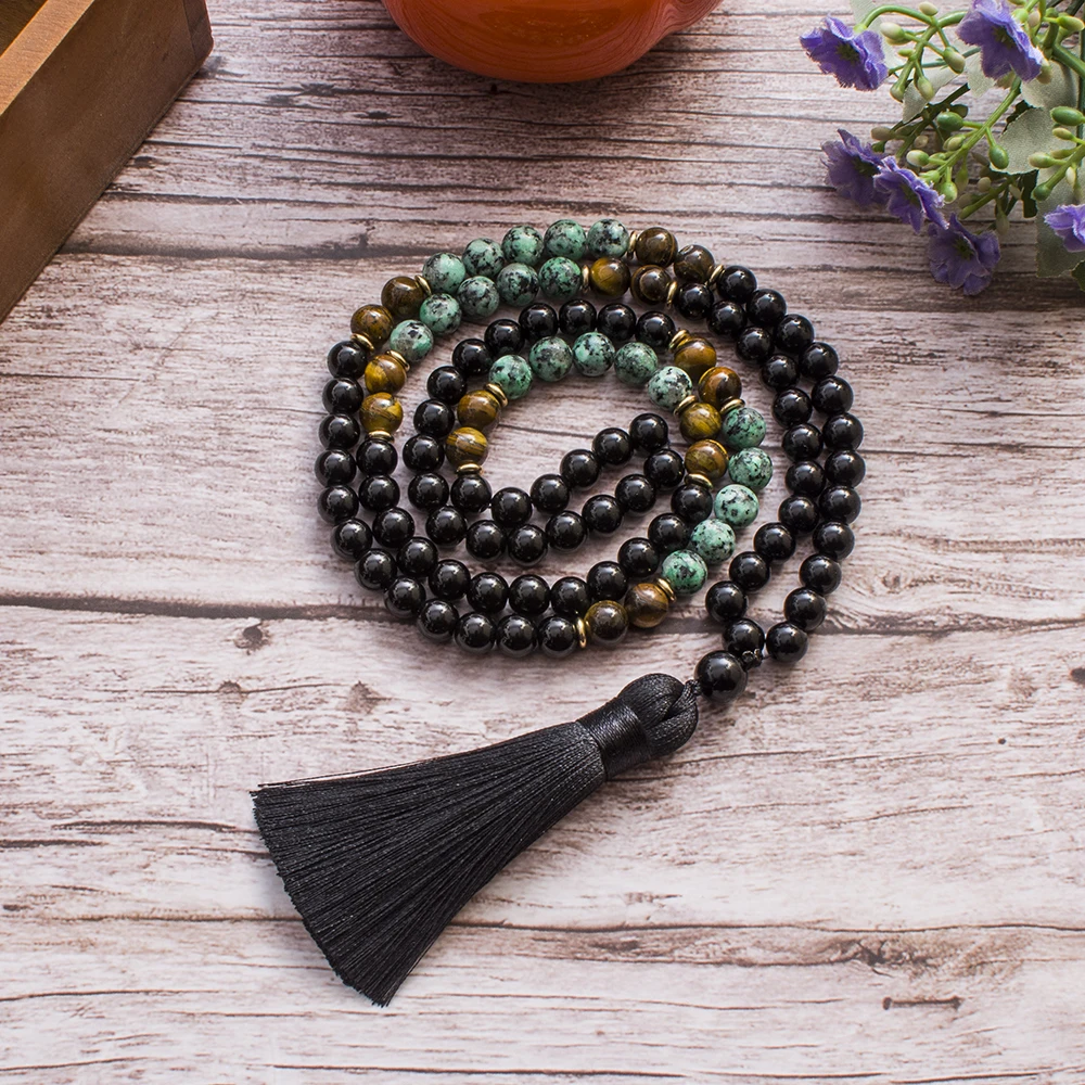 8mm African Turquoise Black Onyx Tiger Eye Beaded 108 Mala Prayer Necklace Meditation Jewelry Japamala Set for Men and Women view 4