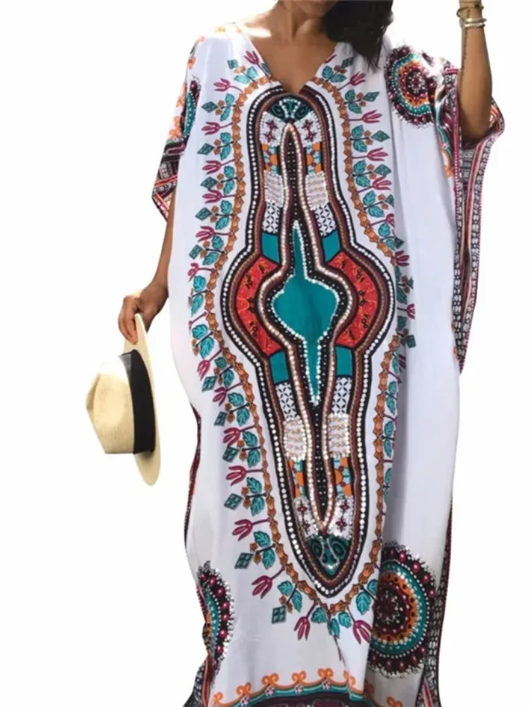 Bohemian Oversized Printed V Neck Fashionable Kaftan Jacket House Dress Soft Swimsuit Cover-up Dresses Relaxed Lounge Wear Q288