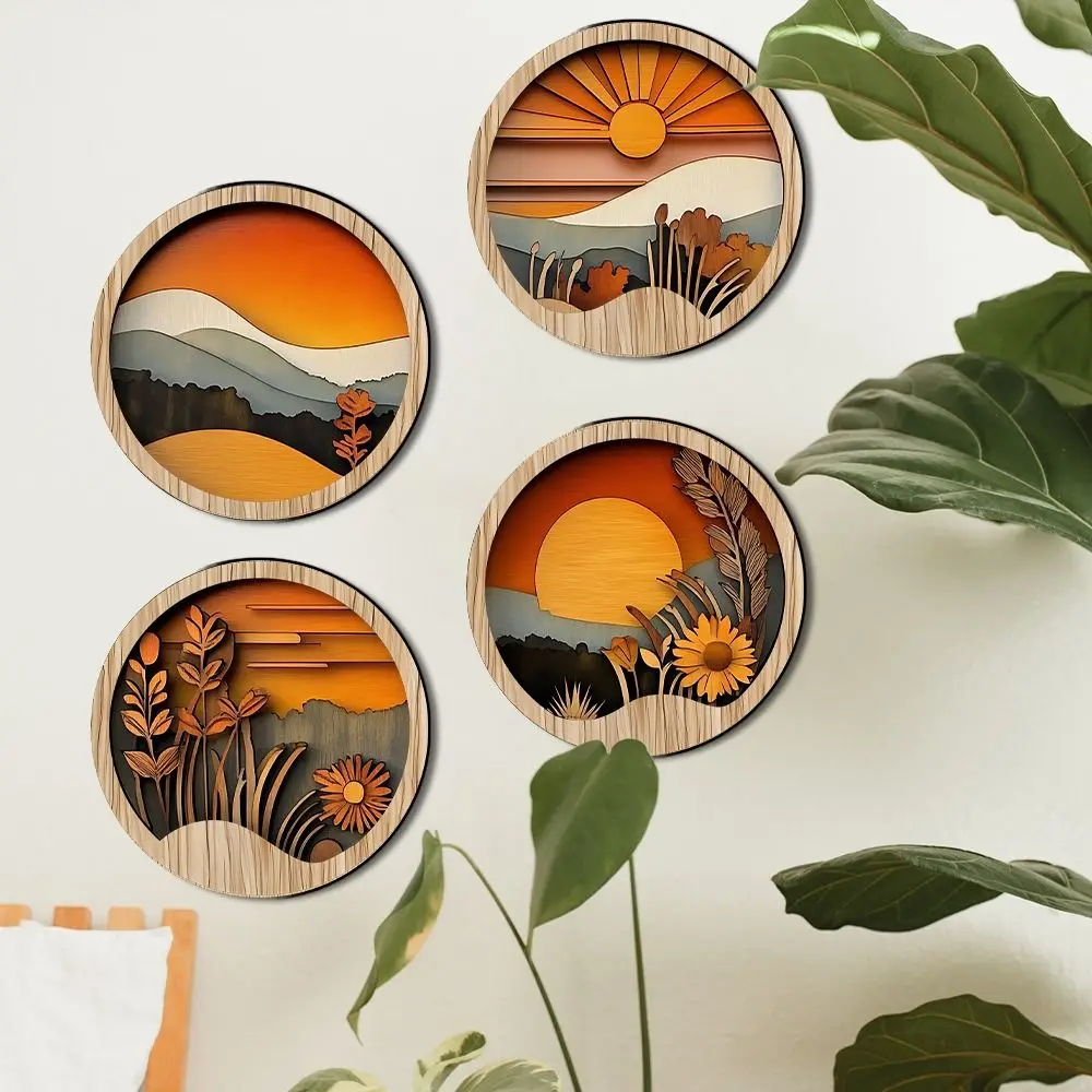 

4Pcs Wooden Farmland Scenery Wall Hanging Bohemian Style Exquisite Background Pendant Round Frames Aesthetic Ornament Prop