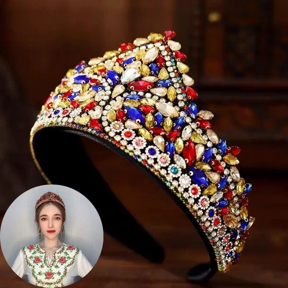 عالية الجودة عقال للرأس على شكل تاج موضة الاتجاه الرجعية حجر الراين واسعة حافة الشعر هوب متعدد الألوان الزجاج الكريستال الساطع الإسفنج رئيس هوب