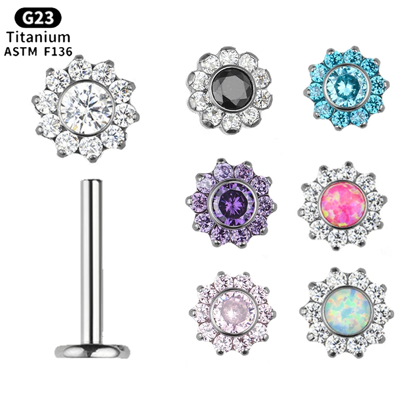 

Multi Tamanho Body Piercing Jóias, G23 Titânio, Ear e Lip Studs, Zircão Circular, Top Labret Nariz Stud, Brincos Roscados