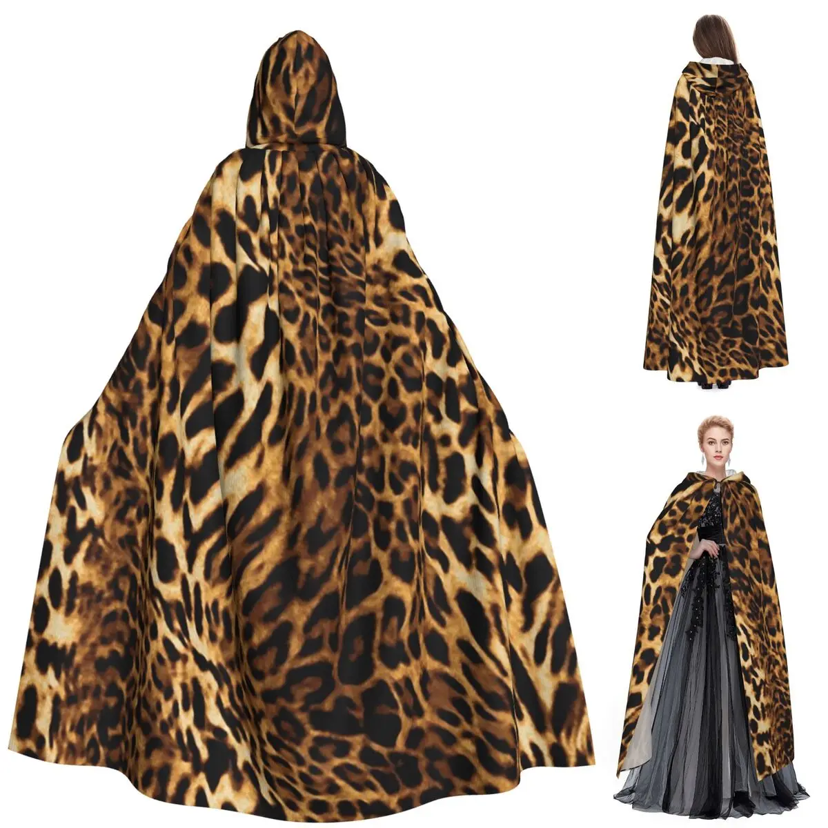 

Leopard Skin Long Hooded Cloak Witch Medieval Costume Cosplay Cape HalloweenParty Adult Unisex