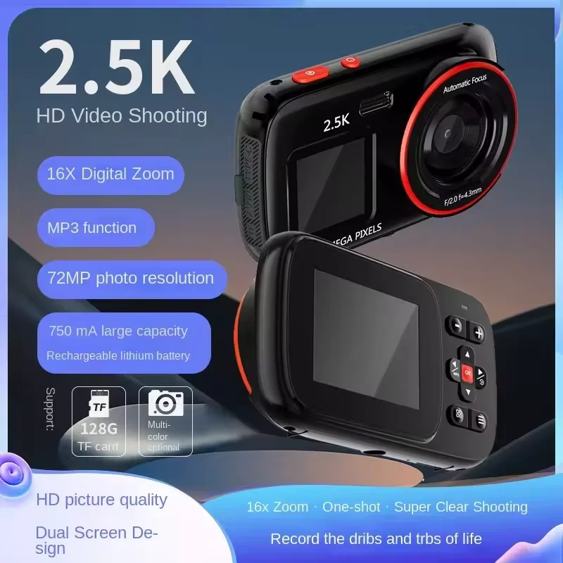 

Цифровая HD-камера с двойным экраном, 16-кратный цифровой зум, автофокус, высокая четкость, 72 МП, подходит для домашних путешествий, портативная съемка 2025 г.