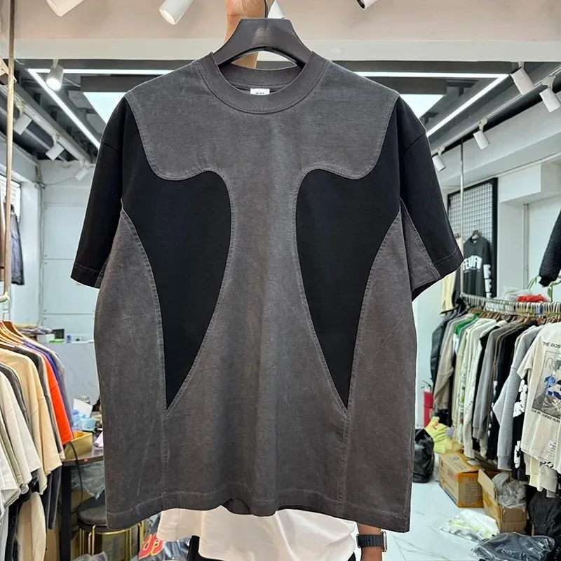 

2024 High Street Simple Vintage Short Sleeve Tee Black Ash Splice Color Contrast Unisex Casual T-shirt