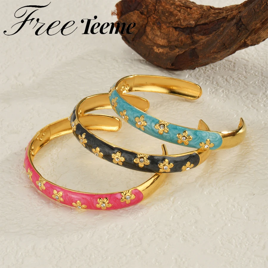 Freeteeme Fashion Vintage Gold Plated Zircon Bracelet For Women Colorful Dropping Oil Adjustable Charm Cuff Bangles Jewelry