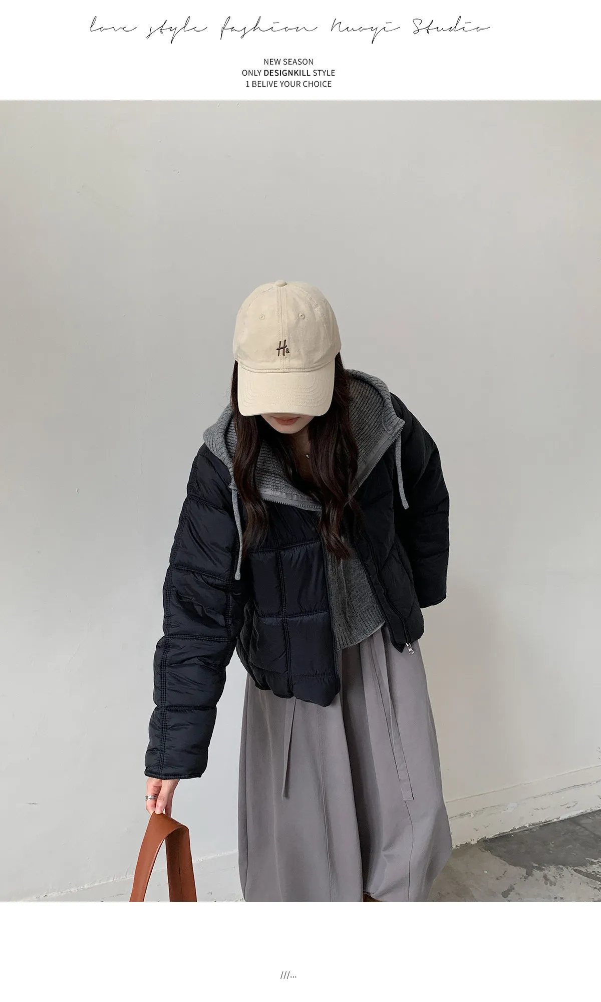 Korean Knit Hood Patchwork Short Puffer Jacket Women Loose Lightweight Warm Padded Parkas Women Solid Color Zipper Winter Jacket