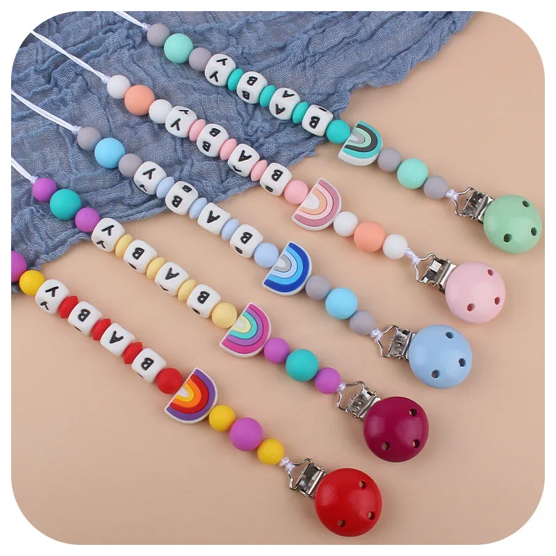 Baby Pacifiers Clips Personalized with Name Silicone Rainbow Dummy Nipples Holder Clip Chain BPA Free Accessories Teething Toys