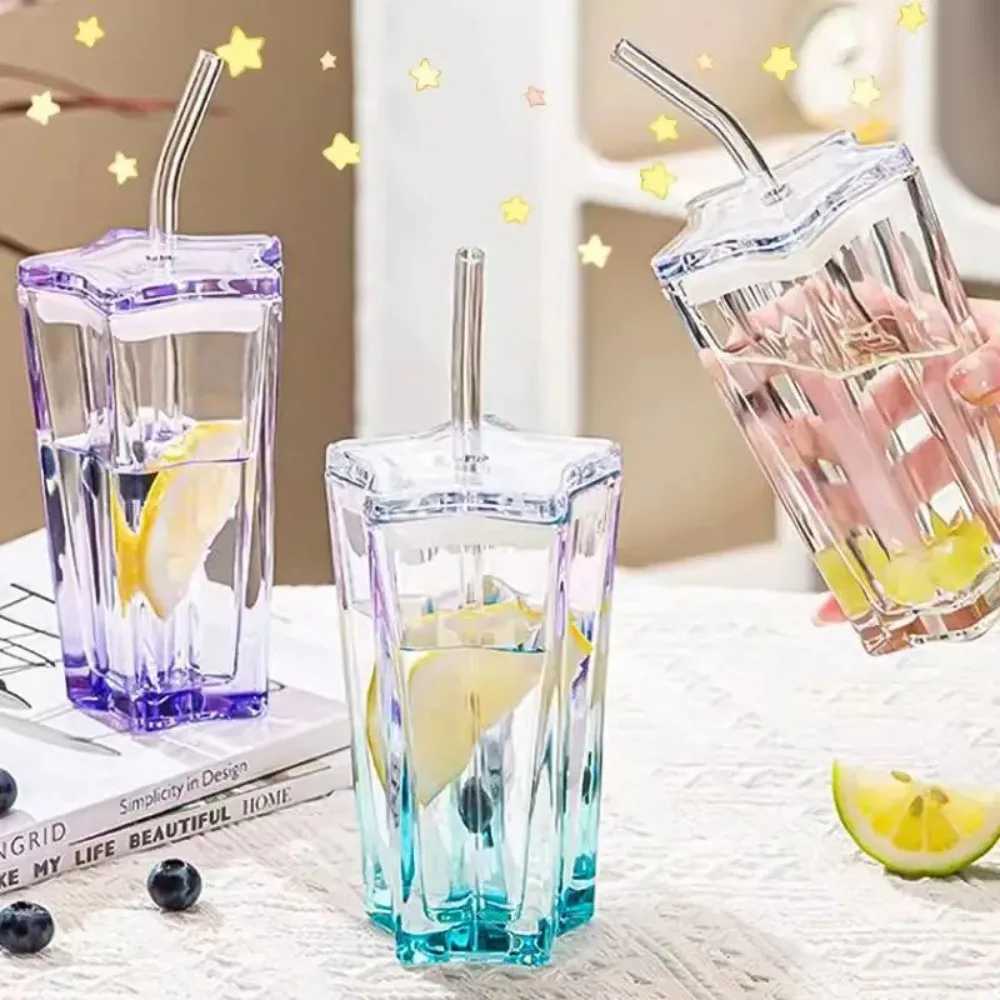 Good-looking Cup with Straw Five-Pointed Star Glass Cup Color Gradient Cup Cold Drink Cups Coffee Cups with Lid Drinking Cups