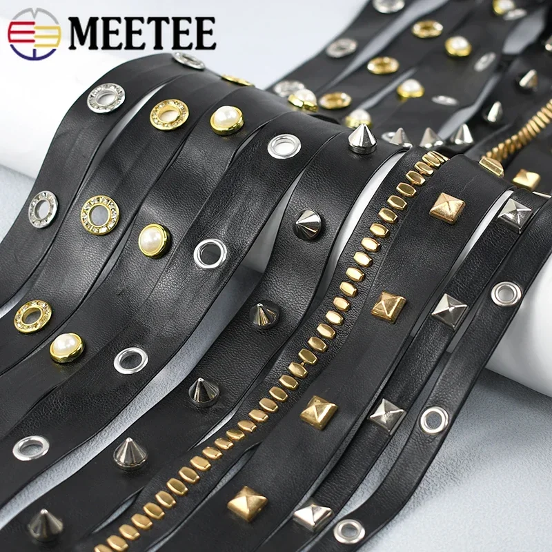 2/4M Meetee 10/15/20mm Rivet PU Leather Ribbons Sewing Bag Strap Eyelets Band Rope Collar Decor Cord Garment Material Accessory