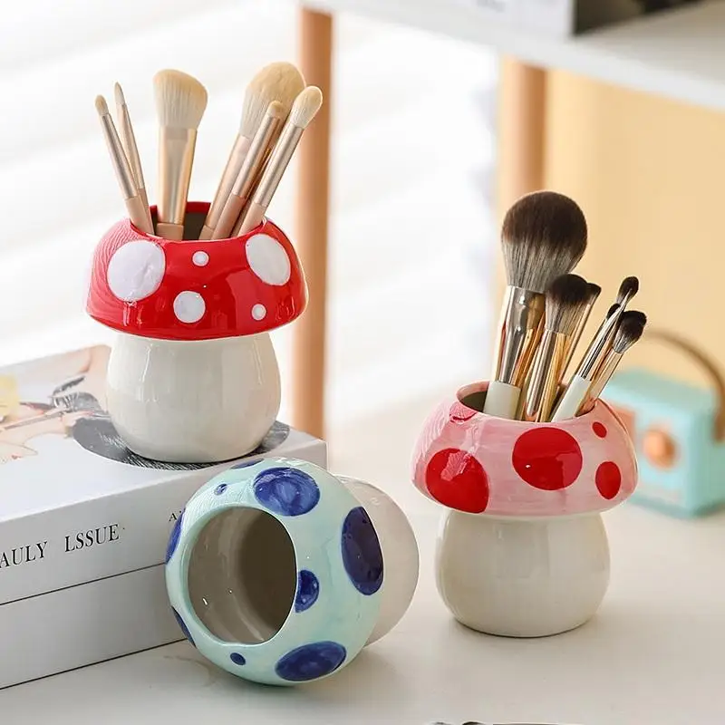 Cute Mushroom Ceramic Pen Container Series Suitable Makeup Brushes Container Office Supplies Desktop Creative Decoration