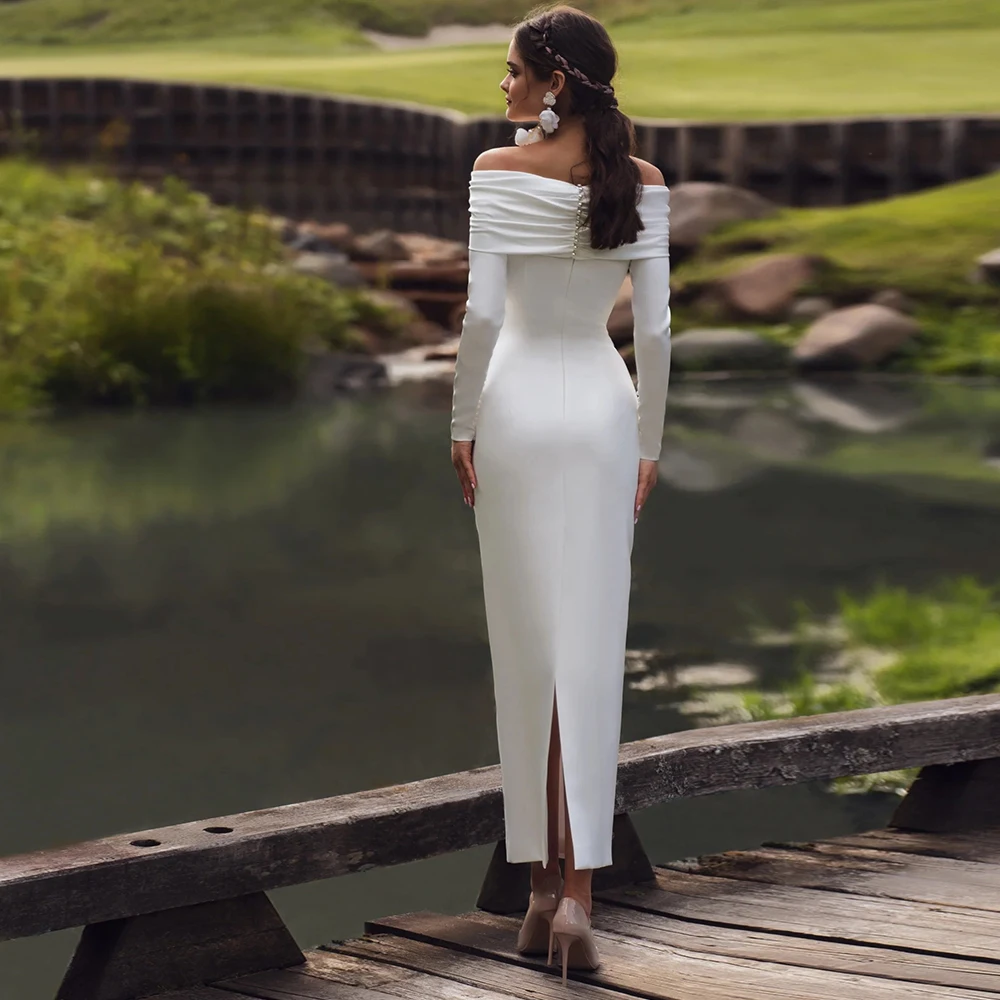 Minimalist kılıf ayak bileği uzunluğu düğün elbisesi basit tekne boyun Pleats uzun kollu Jersey gelin elbise geri yarık Custom Made