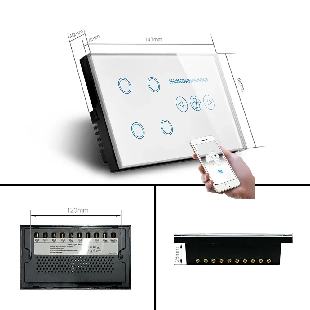 Shawade Wifi Smart Tuya Lichtschalter Lüfter Geschwindigkeitsregelung Glas Touch Panel Power Monitor Interruptor Remote von Alexa Google Home