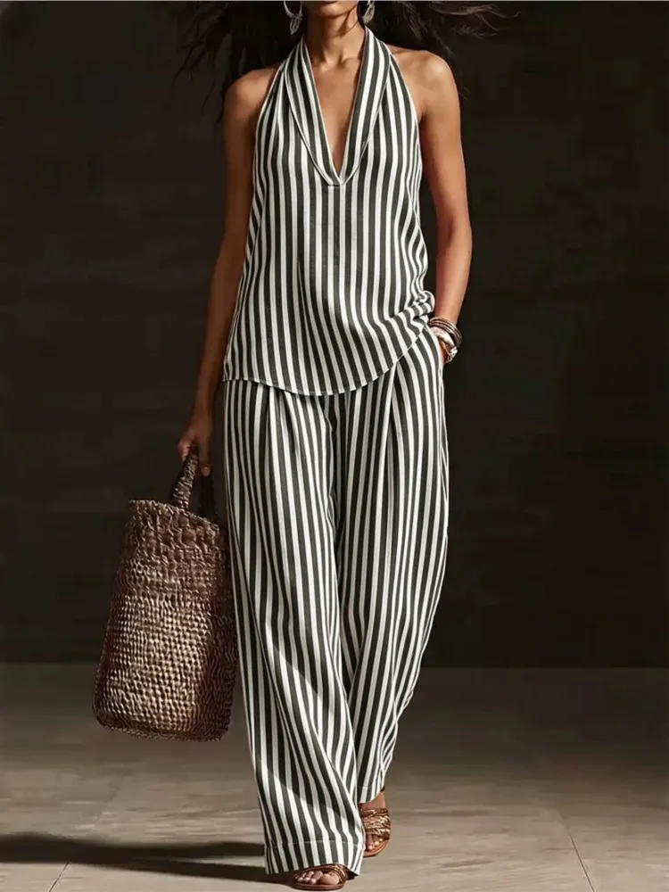 

Women's Fashion Casual Camisole Pants Suit Women's 2026 Summer New Two-piece Suit Halter Top Pants Matching Suit Plaid Female