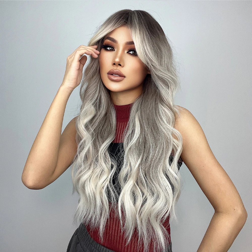 Long Wavy Gray Ash Brown Blonde Ombre Synthetic Wigs with Bangs Cosplay Natural Curly Hair Wig for Women Afro Heat Resistant