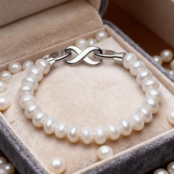 HENGSHENG Freshwater Pearl Bracelet With White Silver Clasp, 8-9mm AAAA Semiround Pearls For Mother's Day Bracelet 18cm Length
