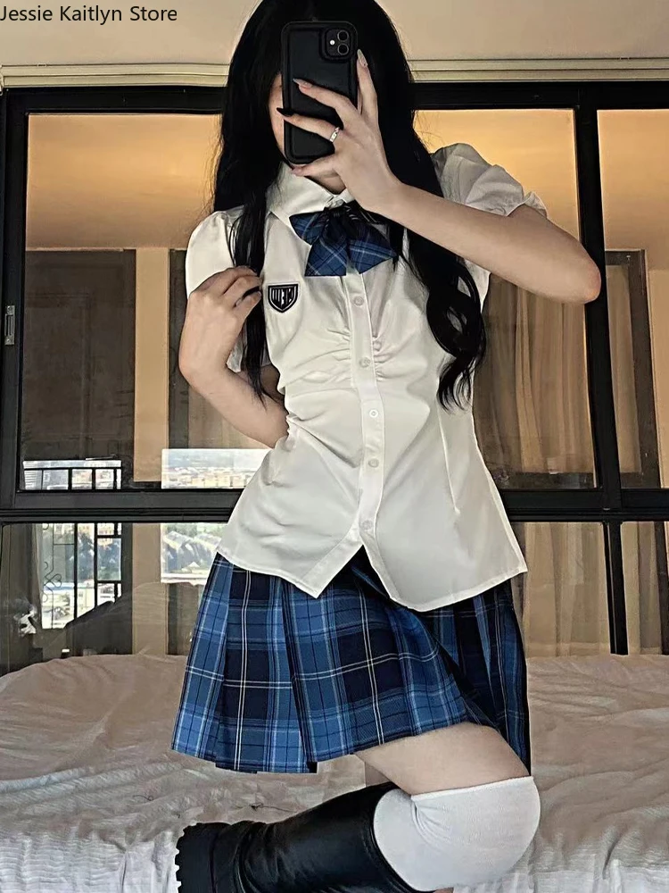 Japanese Kawaii School Girl Uniform Women Korean Cute Anime Cosplay School Uniform Sweet White Shirt and Plaid Pleated Skirt Set