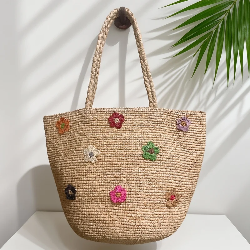 

2026 New Arrival Raffia Flower Embroidery Tote Bag Fashionable Straw Shoulder Bag For Women Trendy Vacation Handbag Gift