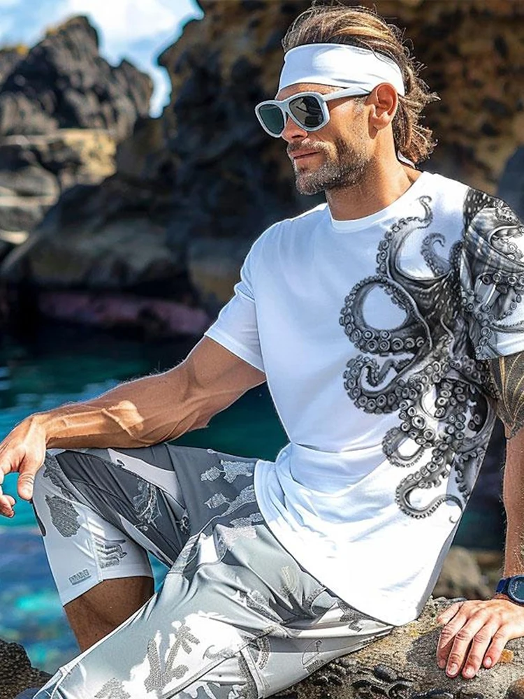 Summer Travel Men\'s T-Shirt Outdoor Sports Loose Comfortable Short Sleeves Octopus Print Shirt Home Casual Round Neck T-Shirt