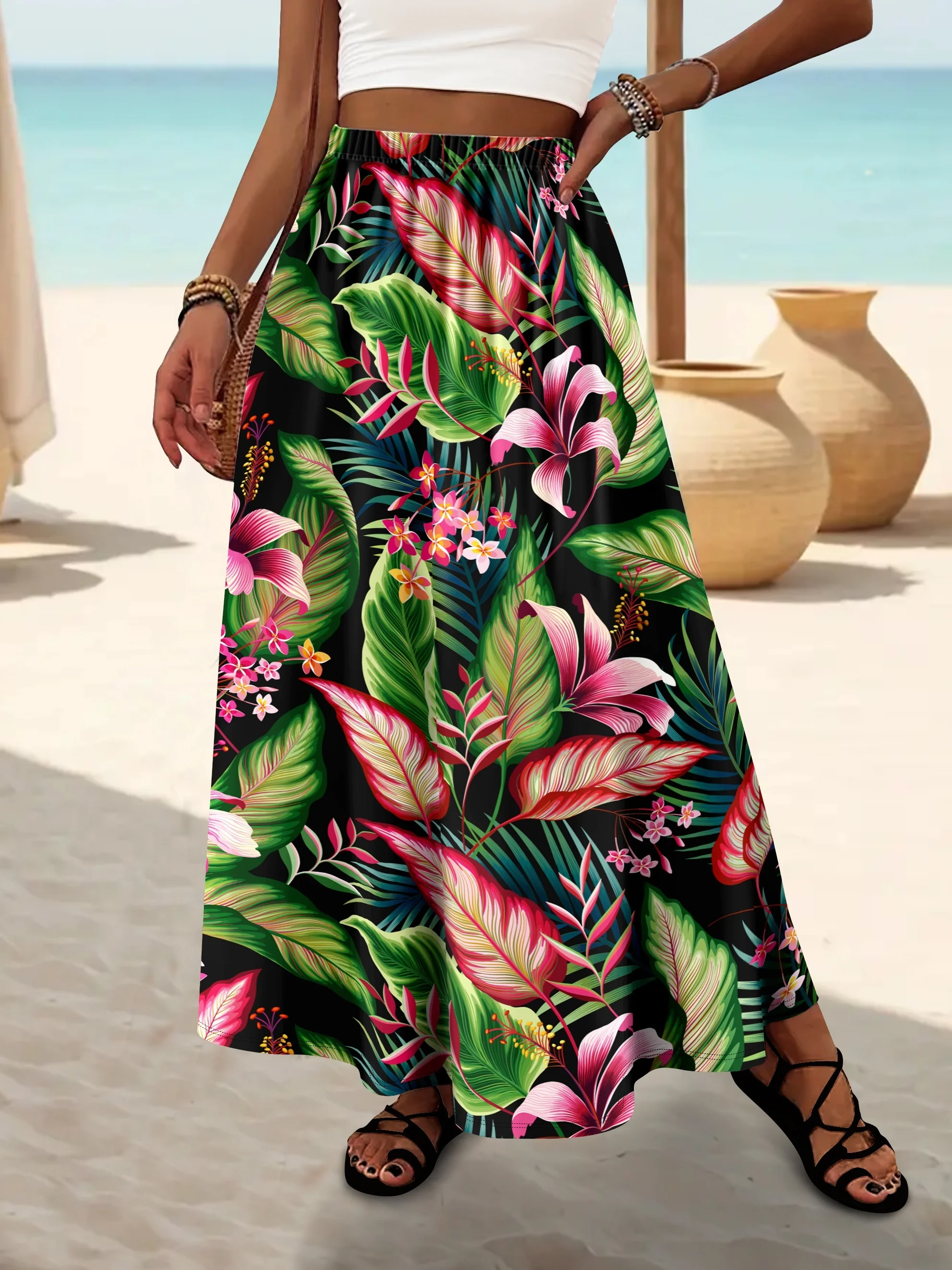 

Женская эластичная пляжная макси-юбка трапециевидной формы с тропическим экзотическим цветочным принтом листьев и высокой талией