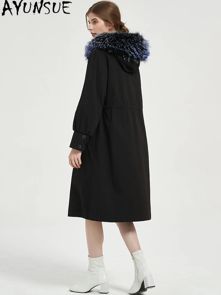 AYUNSUE Rex Rabbit Fur Parka Women 2025 Real Fur Coats Winter Clothes Mid-length Trench Coat Warm Fox Fur Collar Шуба Женская