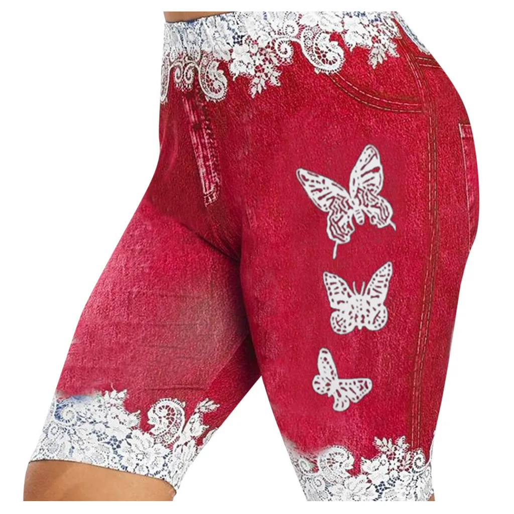 Women Shorts Lace Patchwork High Waist Butterfly Print Denim Jeans Running Joggers Shorts Женские Шорты Ropa De Mujer 2023