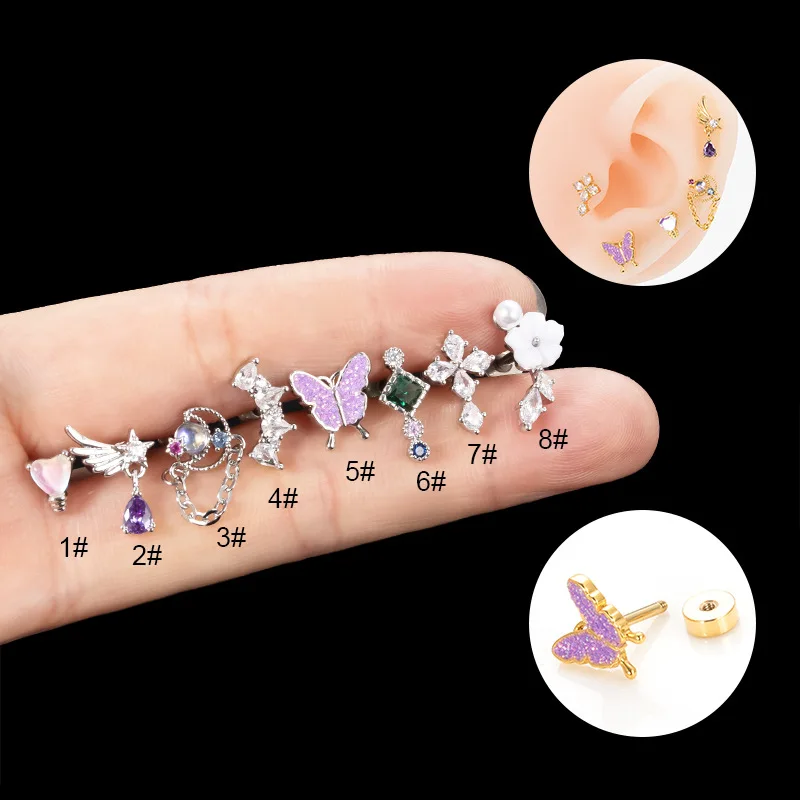 2PC Stainless Steel Cross Stud Earrings Women CZ Zircon Tragus Cartilage Helix Butterfly Heart Daith Earrings Fashion Jewelry